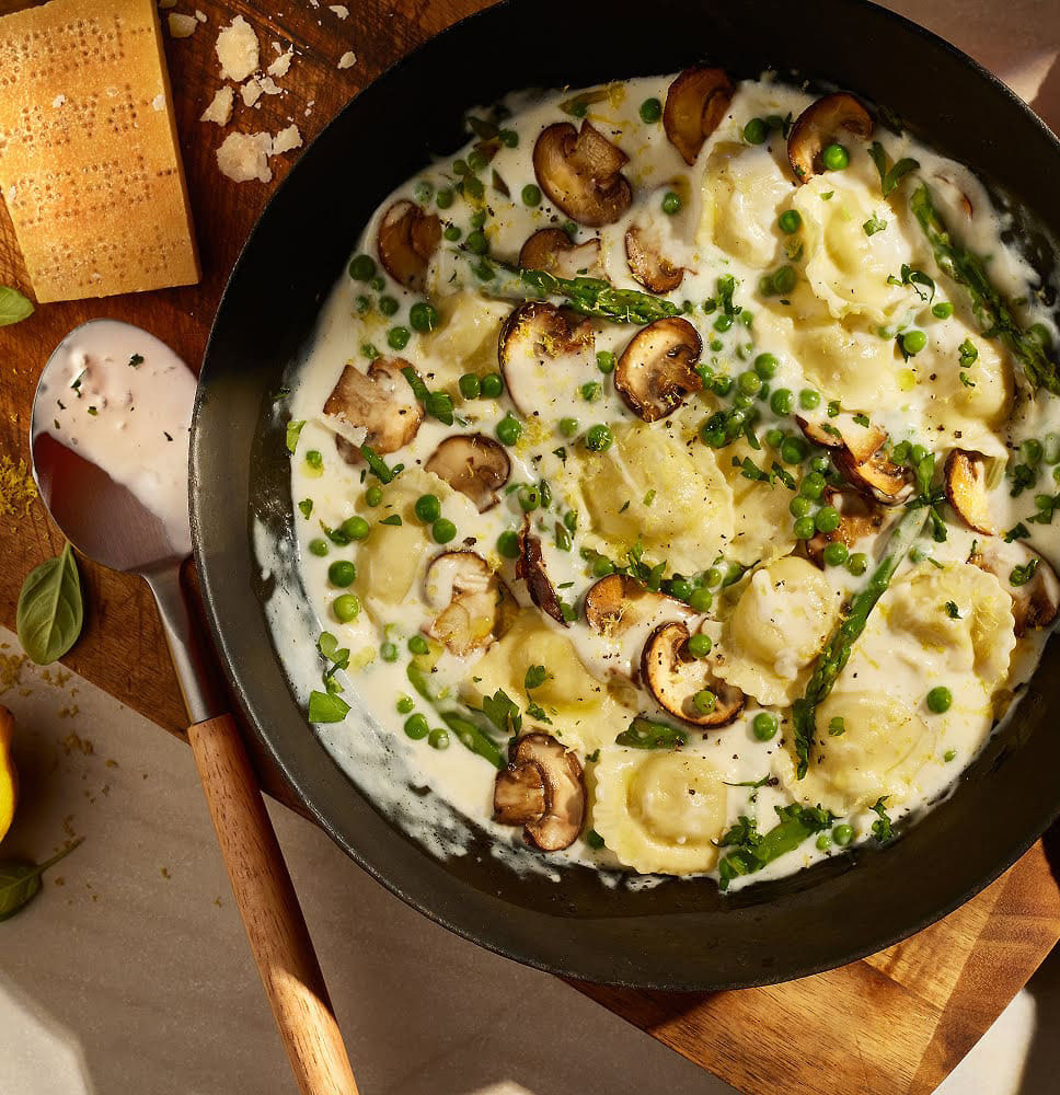 Boursin Garlic and Fine Herbs Ravioli with Alfredo sauce and mushrooms