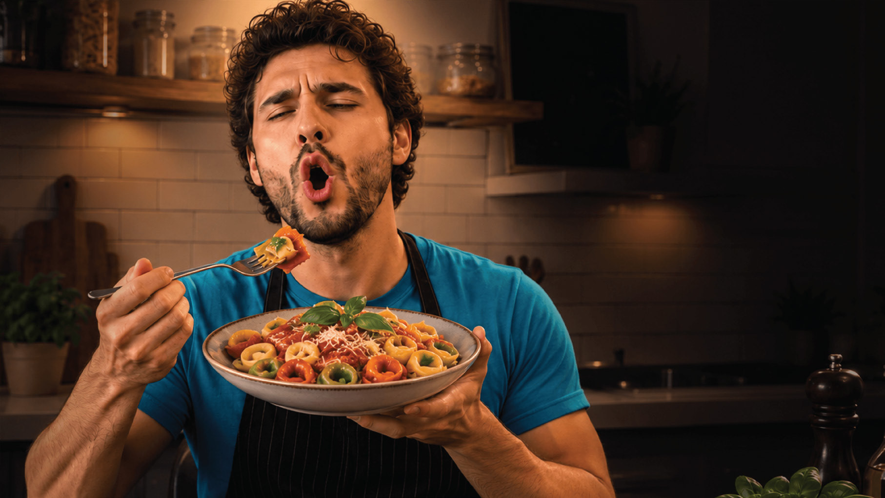 Father singing with the Rainbow Tortellinis dish